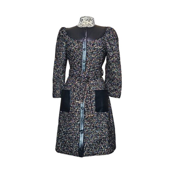 LOUIS VUITTON Tweed Leather Jacket Coat Belted Black Multicolor LV Long 40 Small - Picture 1 of 16